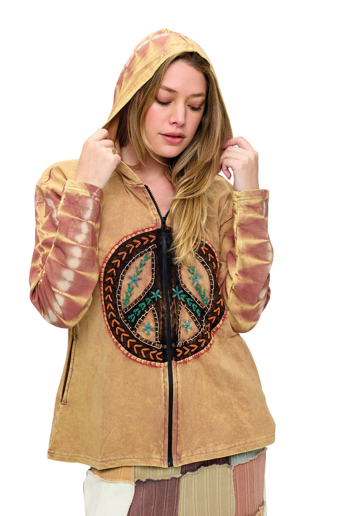 Vintage Peace Patch Zip-Up Jacket - Camel