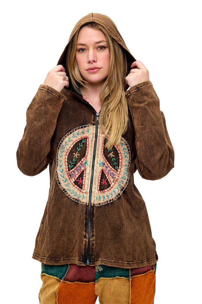 Vintage Peace Patch Zip-Up Jacket - Brown