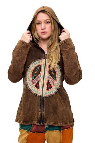 Vintage Peace Patch Zip-Up Jacket - Brown